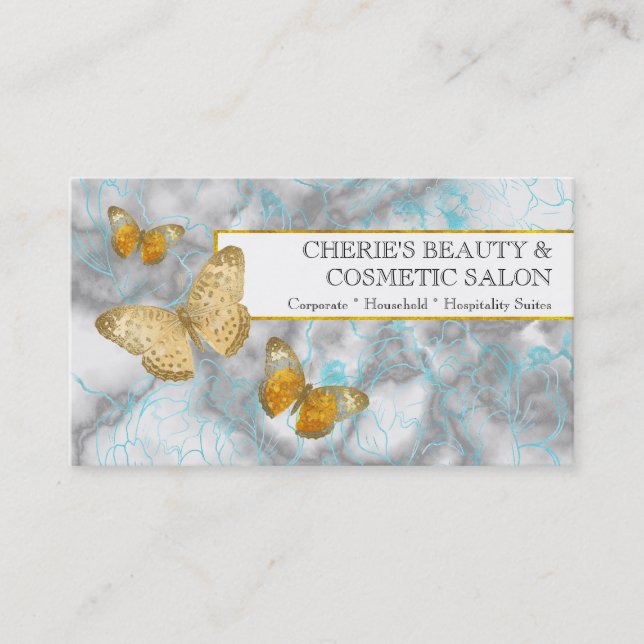 Marble gold blue floral butterfly beauty makeup business card (Front)