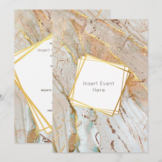 Marble gold blue orange agate geometric frame invitation (Front/Back)