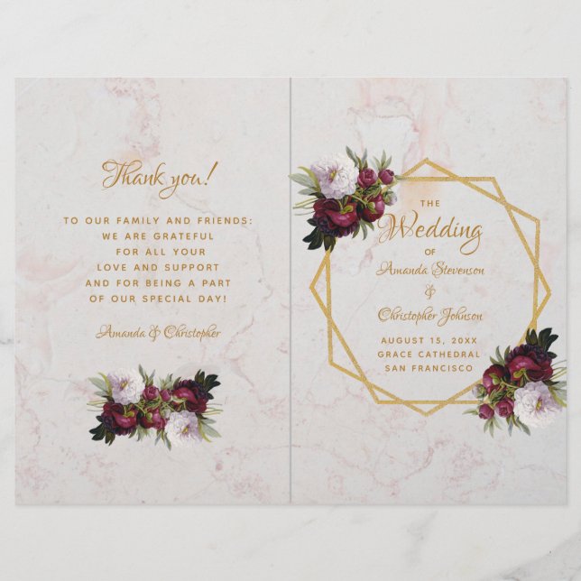 Marble Gold Burgundy White Peonies Wedding Program (Front)