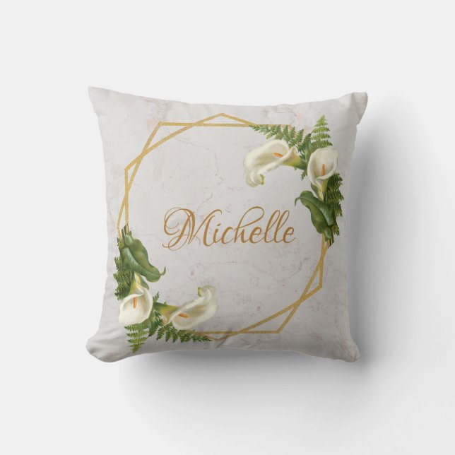 Marble Gold Calla Lilies Floral Geometric Name Cushion (Front)