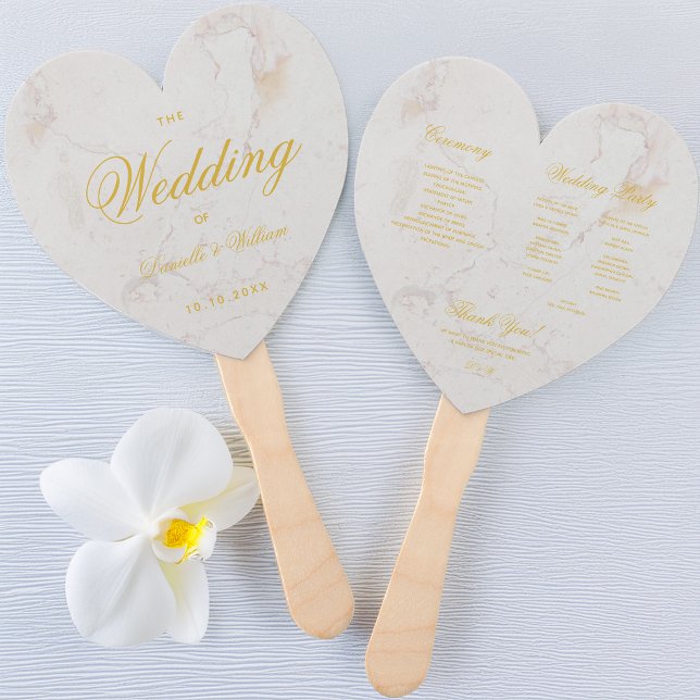 Marble Gold Calligraphy Heart Wedding Program Hand Fan (Creator Uploaded)