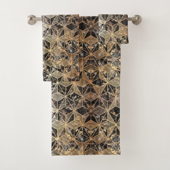 Marble & Gold Geometric Pattern Bath Towel Set (Insitu)