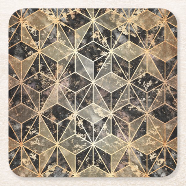 Marble & Gold Geometric Pattern Square Paper Coaster (Front)