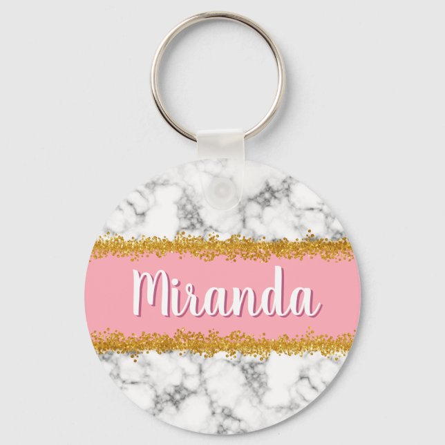 Marble Gold Glitter Custom Name Key Ring (Front)