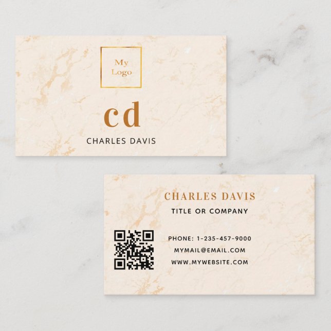 Marble gold monogram initials Qr code logo Business Card (Front/Back)