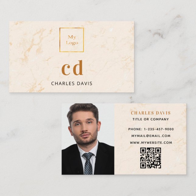 Marble gold monogram photo Qr code logo Business Card (Front/Back)