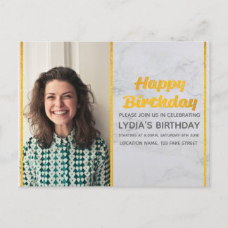 Marble & Gold Photo Birthday Invitation Postcard
