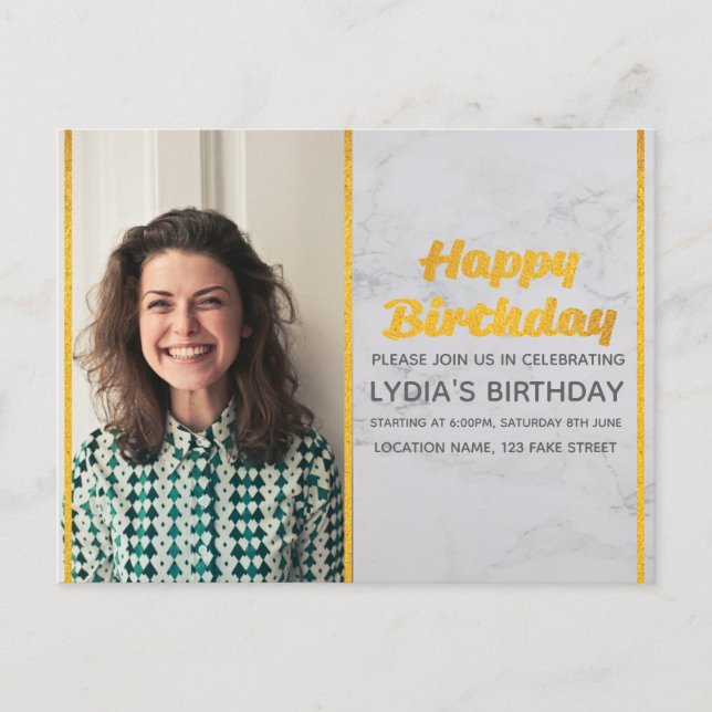 Marble & Gold Photo Birthday Invitation Postcard (Front)