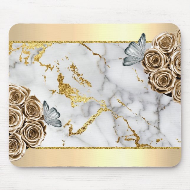 Marble Gold Roses Butterfly Mouse Mat (Front)