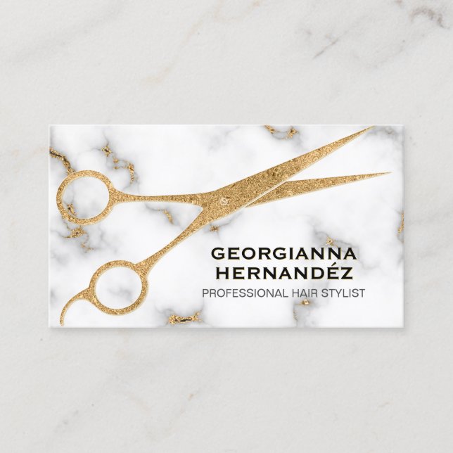 Marble Gold Scissor Hairstylist Business Card (Front)