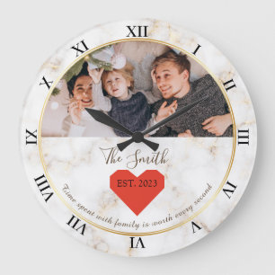 Marble Golden Red Heart Est Family Personalised Large Clock