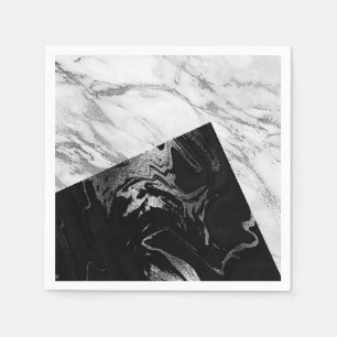 Marble Gray Silver Abstract Geometric Black White Napkin