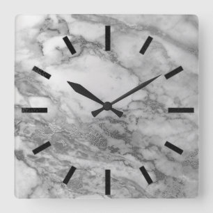 Marble Gray Silver Graphite Carrara Minimal Black Square Wall Clock