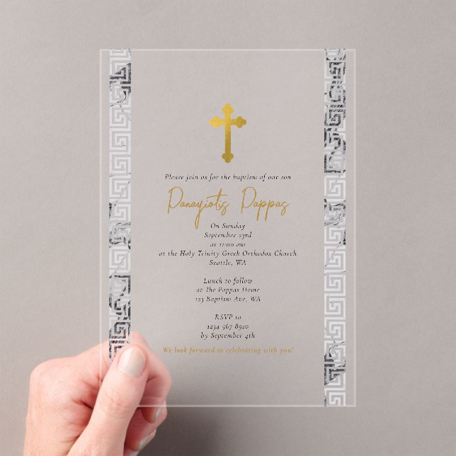 Marble Greek Key Orthodox Christening Baptism Acrylic Invitations (Insitu (Handheld))