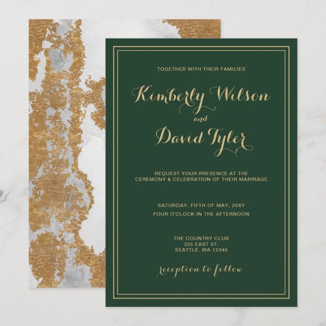 Marble Green and Gold Wedding Invitation (Front/Back)
