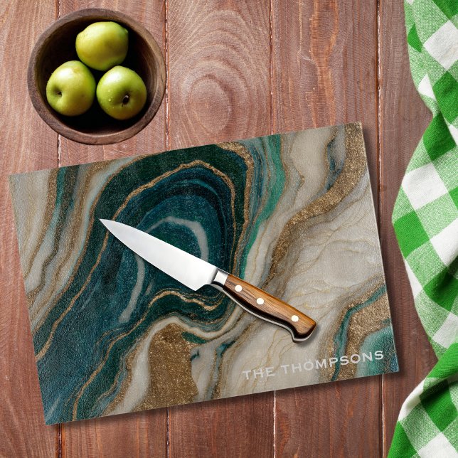 Marble Green Gold Glitter Elegant Personalised  Cutting Board (Creator Uploaded)
