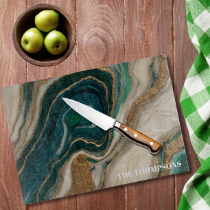Marble Green Gold Glitter Elegant Personalized  Cutting Board