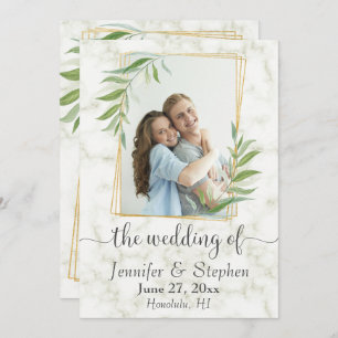 Marble Greenery Gold Geometric Photo Wedding Invitation