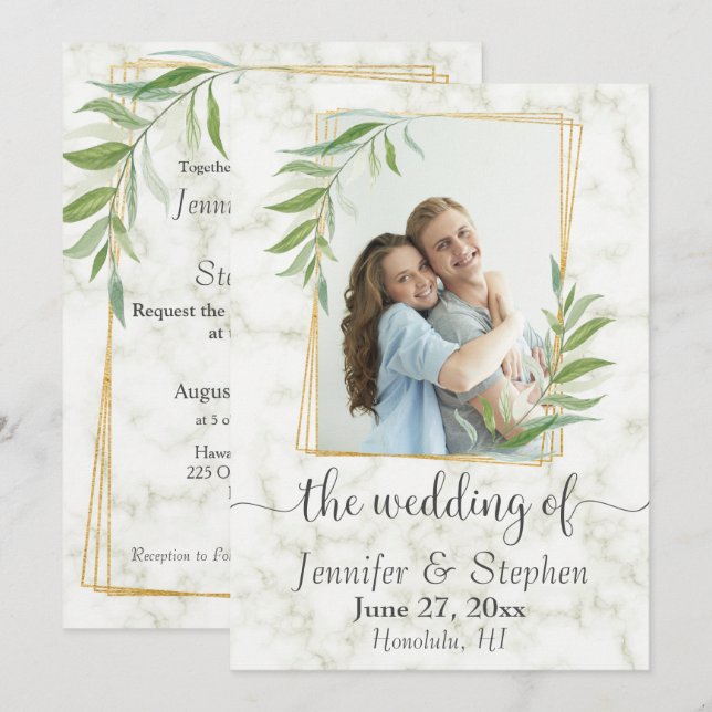 Marble Greenery Gold Geometric Photo Wedding Invitation (Front/Back)