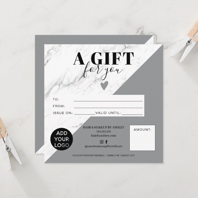 Marble grey block square gift certificate logo (Front/Back In Situ)