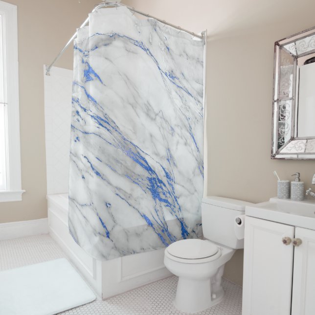 Marble Grey Carrara White Blue Marine Abstract Shower Curtain (In Situ)