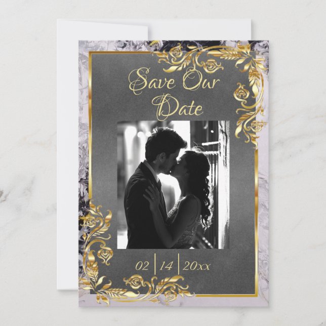 Marble & Grey, Gold Frame, Gold Heart Save The Date (Front)