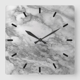 Marble Grey Silver Graphite Carrara Minimal Black1 Square Wall Clock