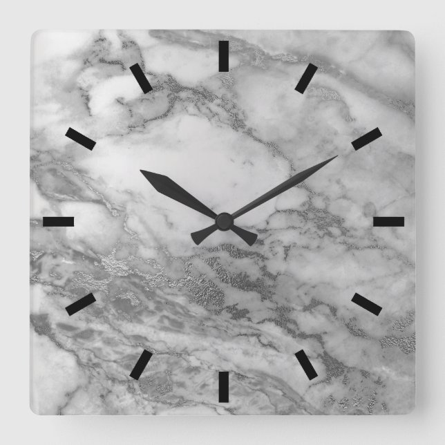 Marble Grey Silver Graphite Carrara Minimal Black2 Square Wall Clock (Front)