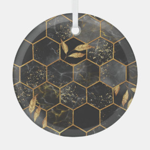 Marble Hexagon, Golden Leaves Texture. Glass Tree Decoration