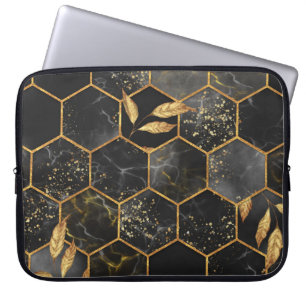 Marble Hexagon, Golden Leaves Texture. Laptop Sleeve