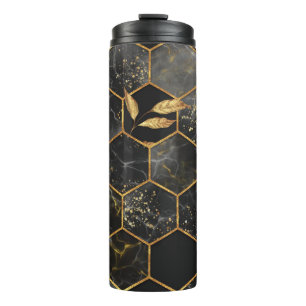 Marble Hexagon, Golden Leaves Texture. Thermal Tumbler