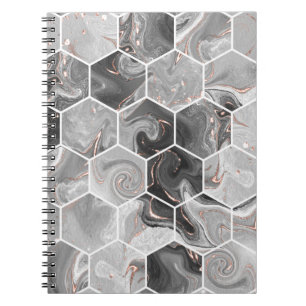 Marble hexagon seamless texture with gold pattern notebook