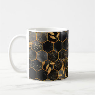Marble hexagon seamless texture with golden leaves coffee mug