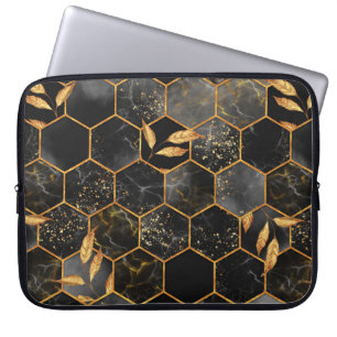 Marble hexagon seamless texture with golden leaves laptop sleeve
