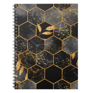 Marble hexagon seamless texture with golden leaves notebook