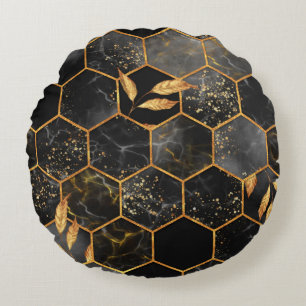 Marble hexagon seamless texture with golden leaves round cushion