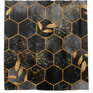 Marble hexagon seamless texture with golden leaves shower curtain