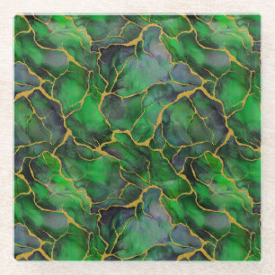 Marble in Emerald Green and Gold Veins Glass Coaster