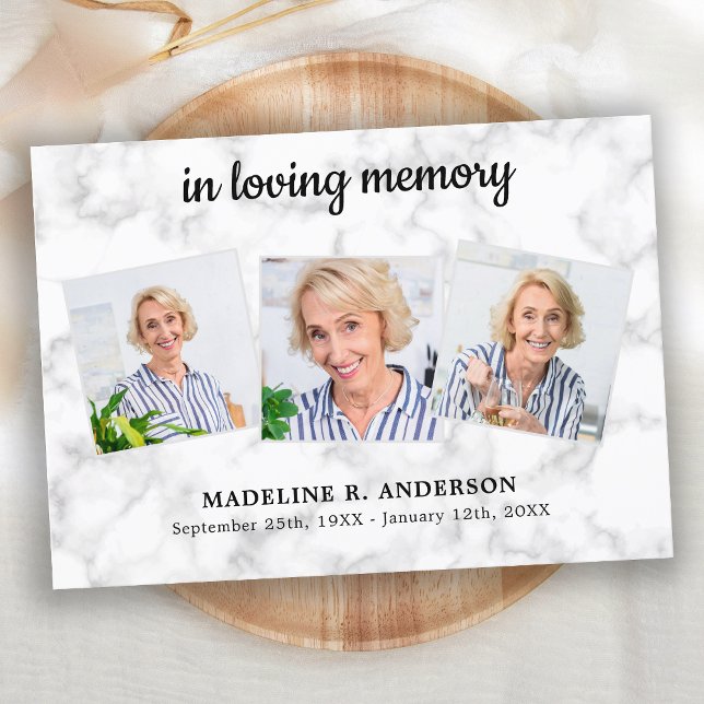 Marble In Loving Memory 3 Photo Sympathy Funeral Thank You Card (Creator Uploaded)