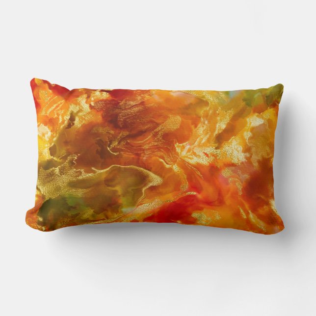 Marble ink red, orange, gold, green print pillow  (Front)
