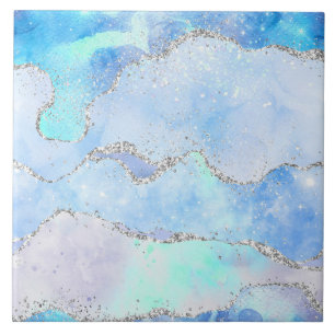 Marble Inspired Pastel Blue Silver Tile