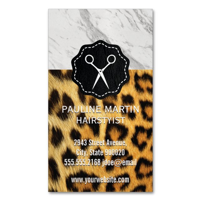Marble | Leopard Print Stylist Magnetic Business Card (Front Vertical)