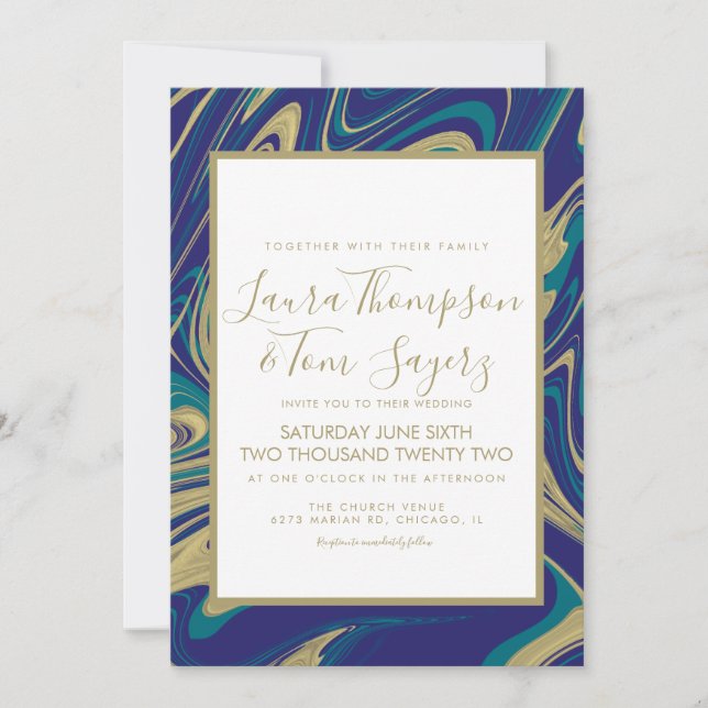 Marble Liquid Blue Faux Gold Abstract Wedding Invitation (Front)