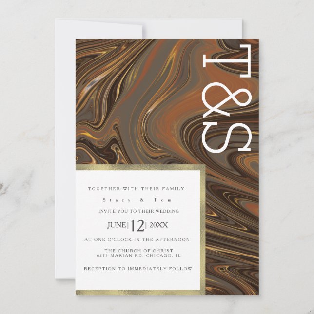 Marble Liquid Brown Gold Typography Wedding Invitation (Front)