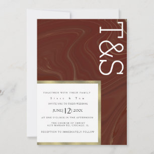 Marble Liquid Burgundy Gold Typography Wedding Invitation