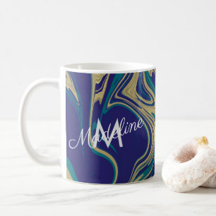 Marble Liquid Faux Gold Blue Greenish Monogrammed Coffee Mug