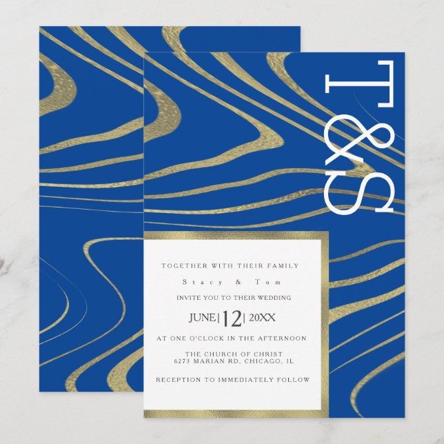 Marble Liquid Gold Agate Typography Wedding Invitation (Front/Back)
