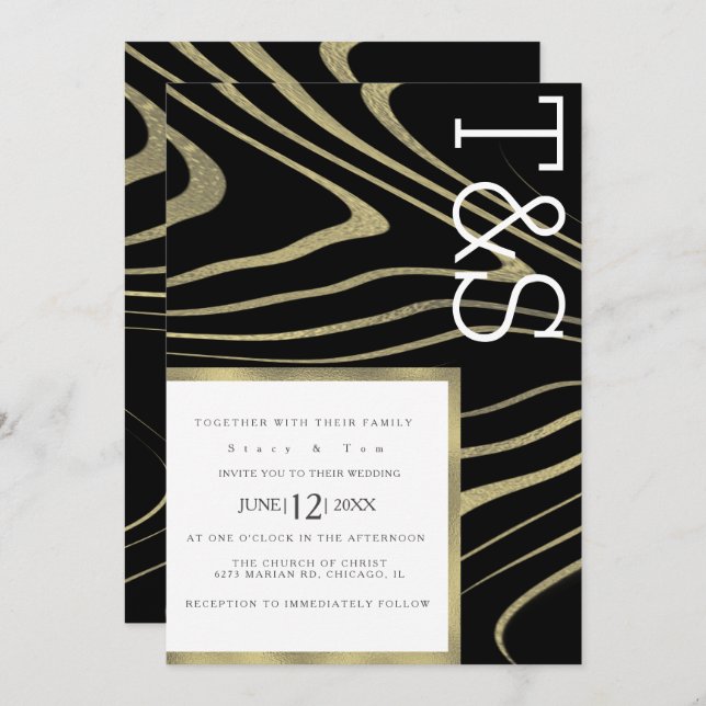 Marble Liquid Gold Agate Typography Wedding Invitation (Front/Back)