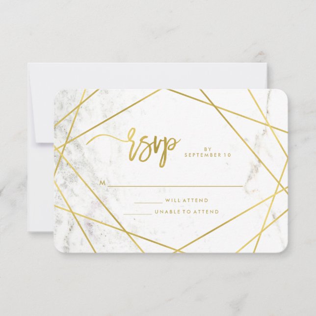 Marble Look and Faux Gold Geometric Wedding RSVP (Front)