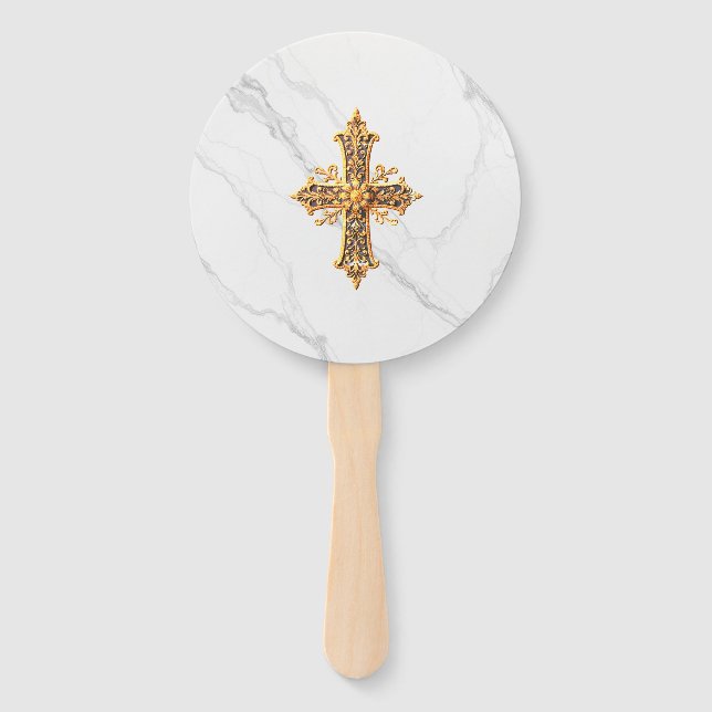 Marble Look Hand Fan with Cross (Back)